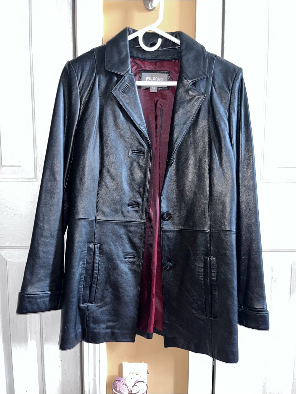 Wilsons Leather Black Leather Jacket with Burgundy Lining